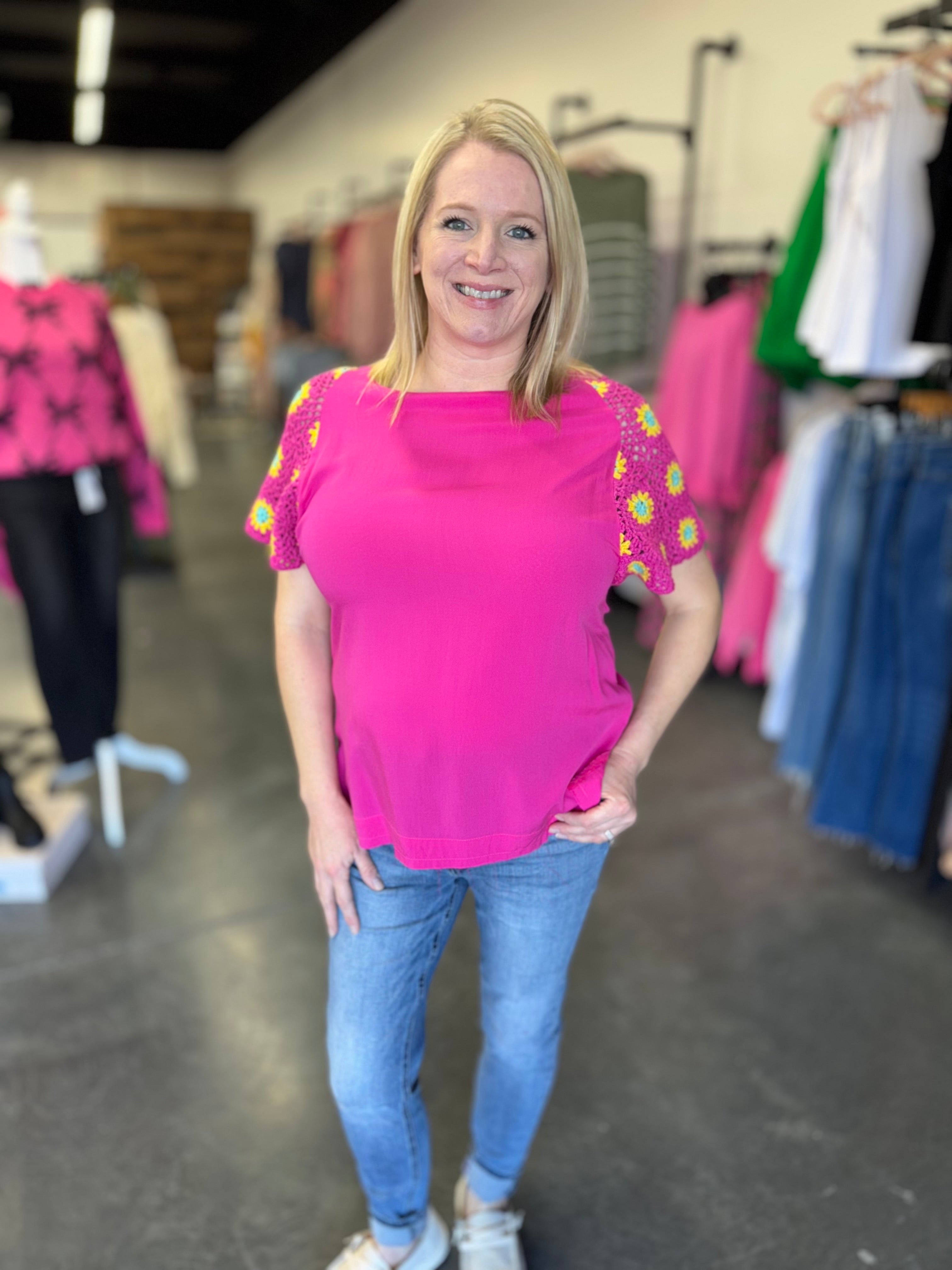 Fuchsia Woven Top with Crochet Sleeves