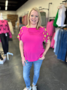 Fuchsia Woven Top with Crochet Sleeves