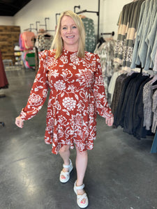 Fall Floral Tiered Mock Neck Midi Dress ￼