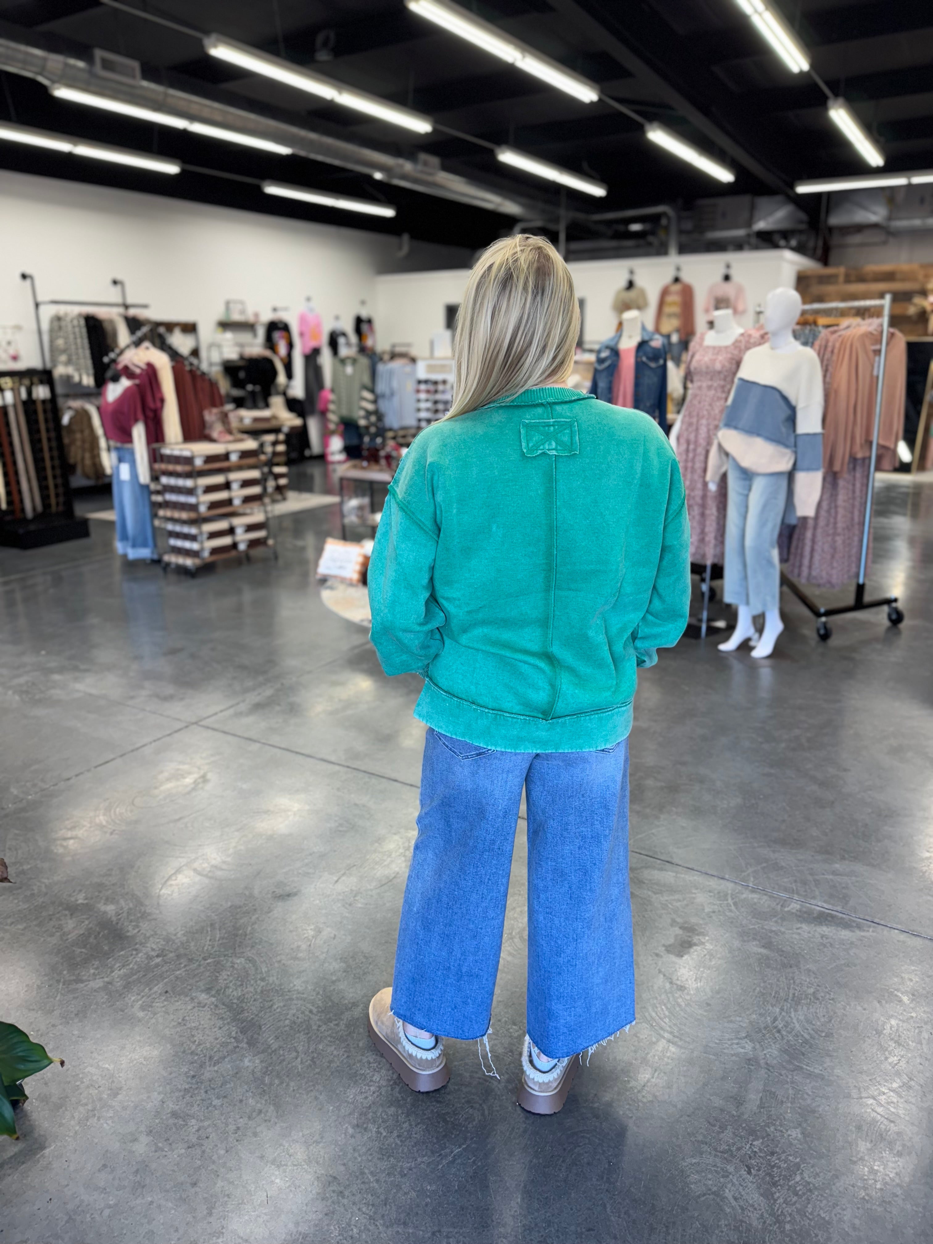 Acid Wash Exposed-Seam Fleece Sweatshirt