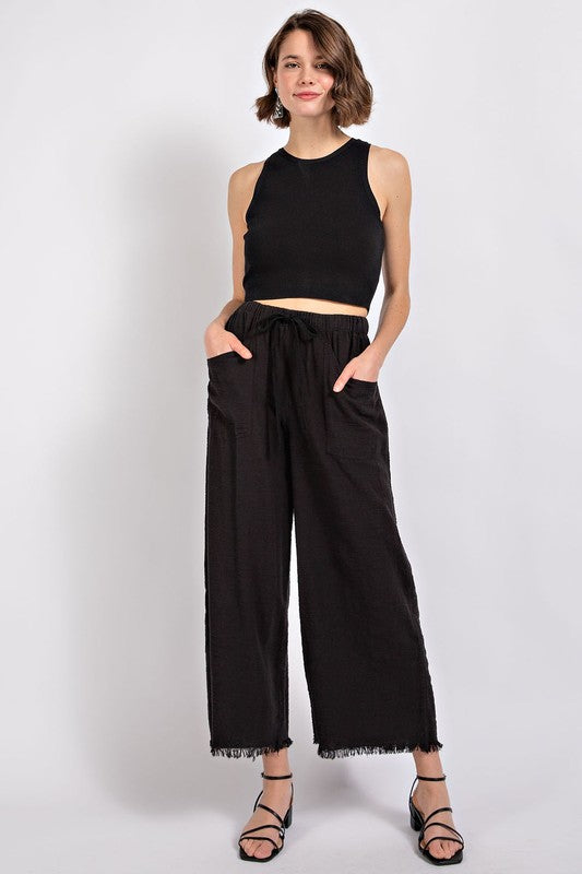 Black Frayed Cotton Wide Leg Pants
