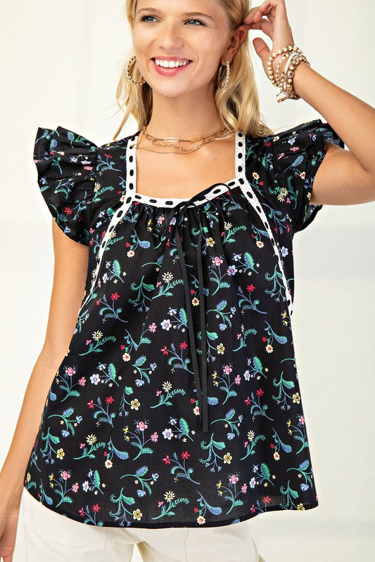 Floral Top with Ruffle Sleeves