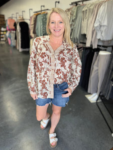 Floral Button Down V-Neck Blouse