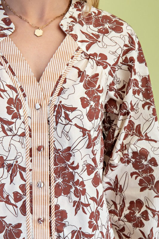 Floral Button Down V-Neck Blouse