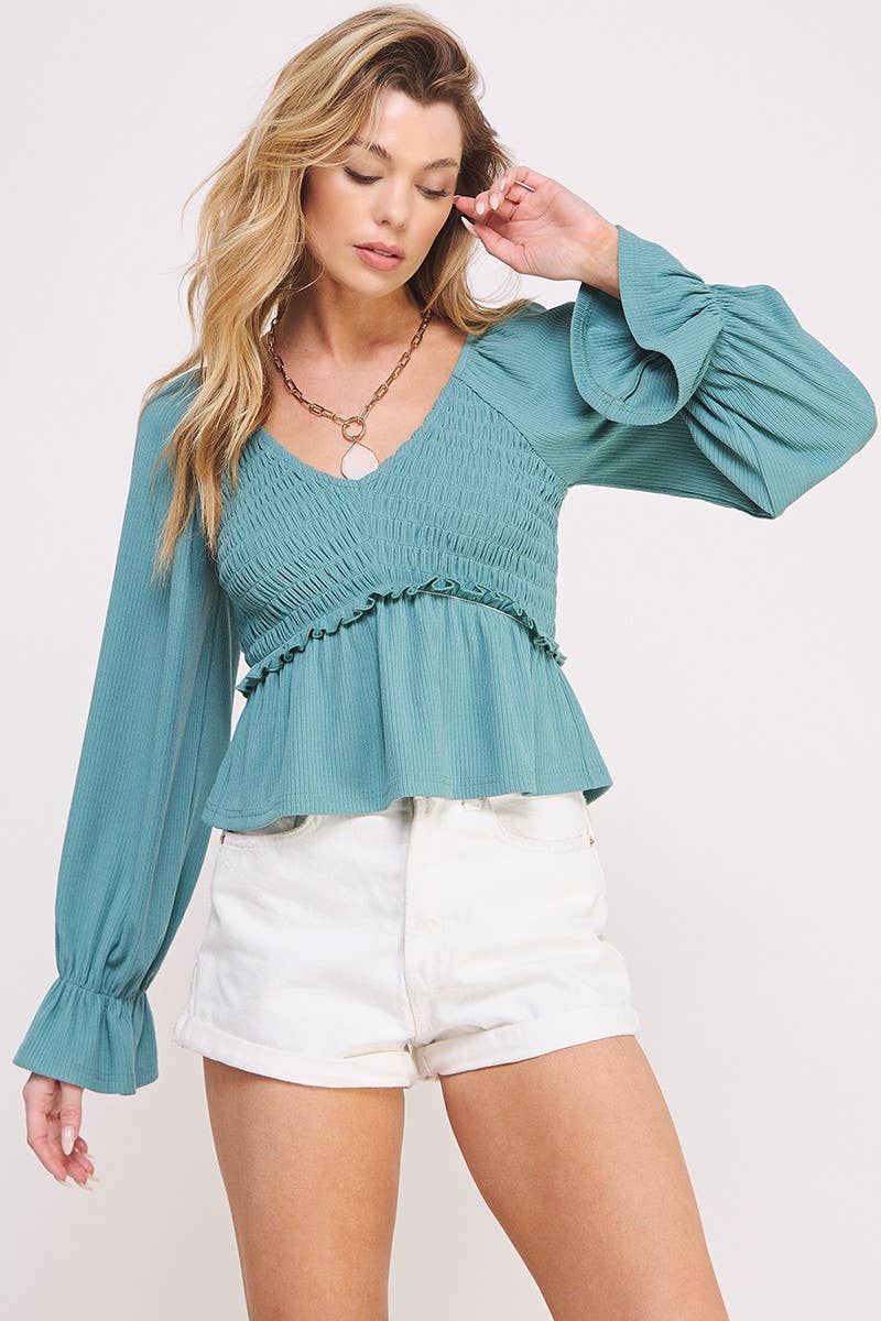 Teal Ruched Detail Bell Sleeves Top