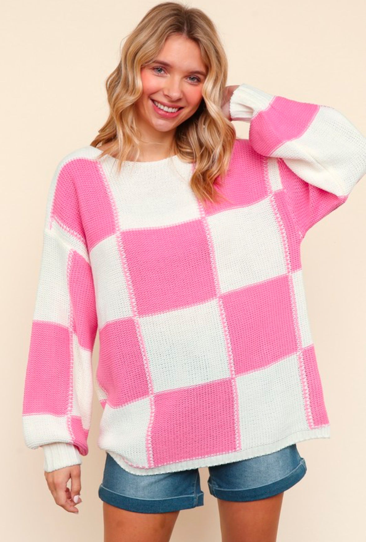 Pink and Ivory Checker Pullover Knit Sweater