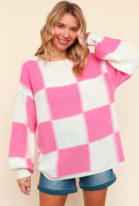 Pink and Ivory Checker Pullover Knit Sweater