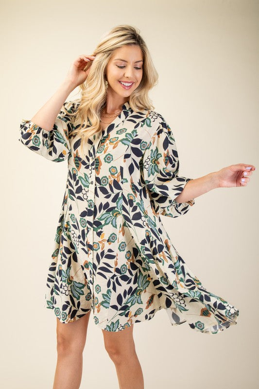 Floral 3/4 Sleeve Shirt Dress