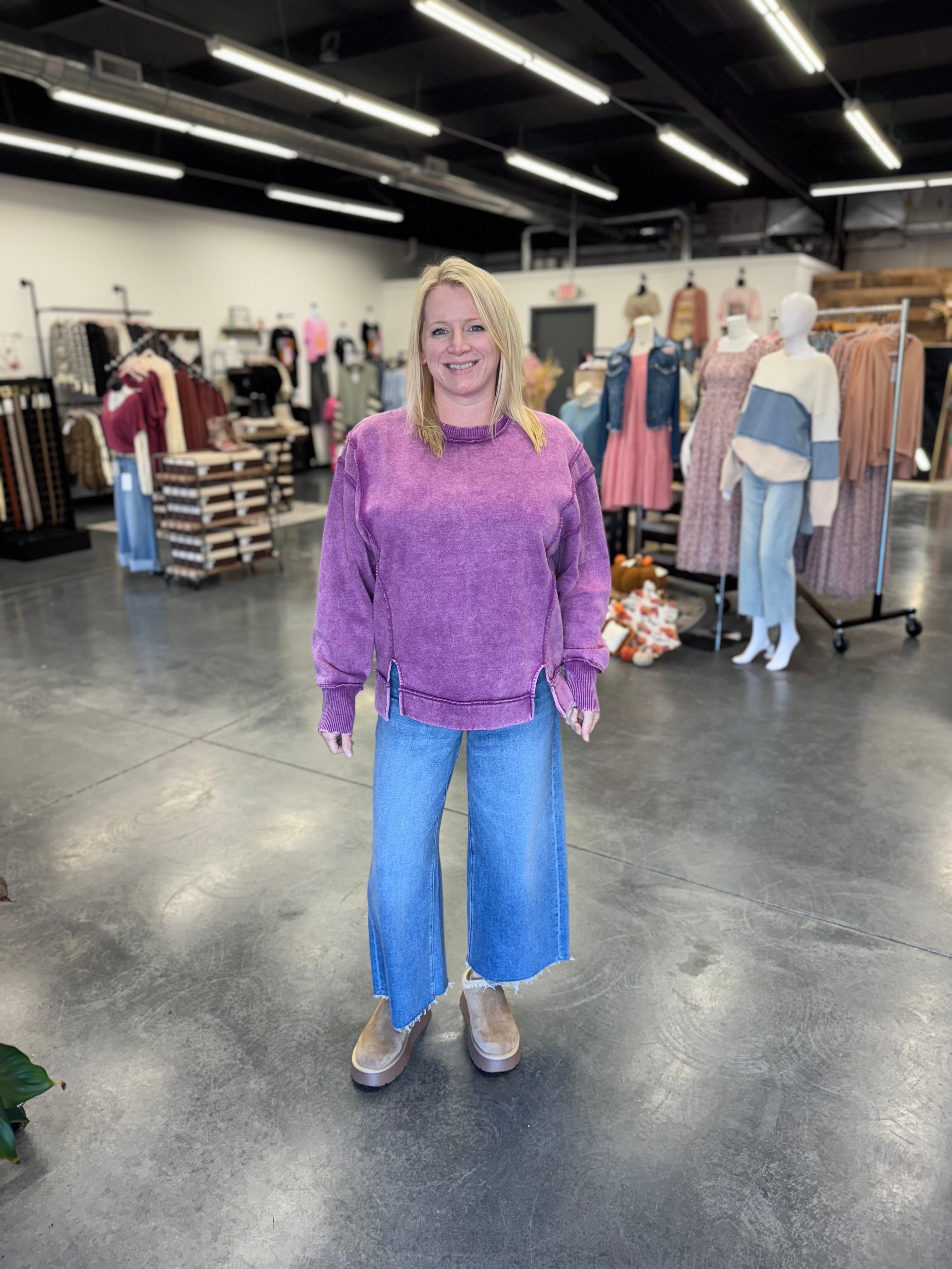 Acid Wash Exposed-Seam Fleece Sweatshirt