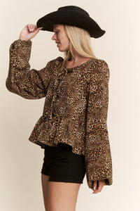 LEOPARD PRINT PUFF SLEEVE BOW FRONT TOP