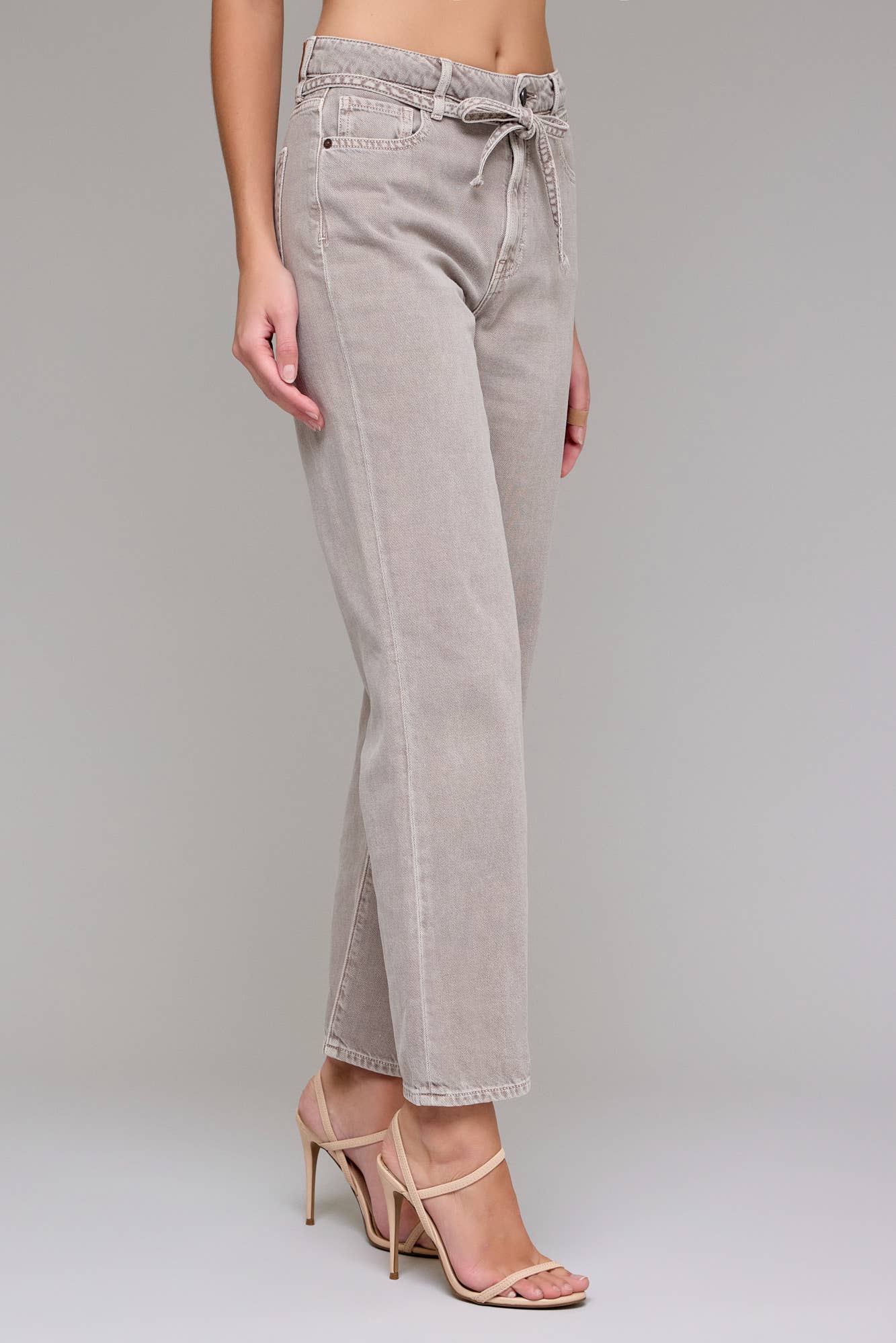 Gravel Wash Tie Waist Clean Wide Straight Leg Hidden Denim