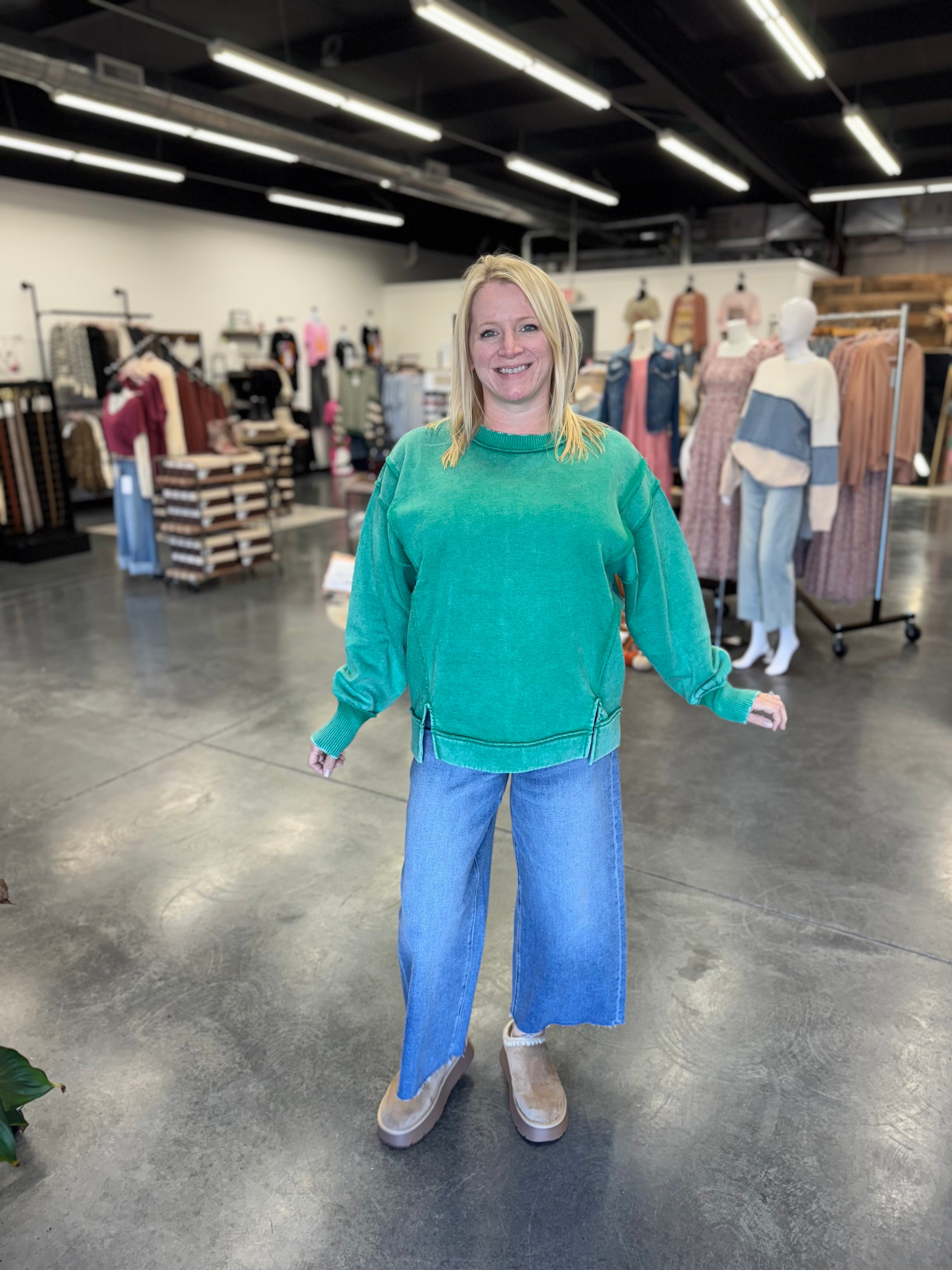 Acid Wash Exposed-Seam Fleece Sweatshirt