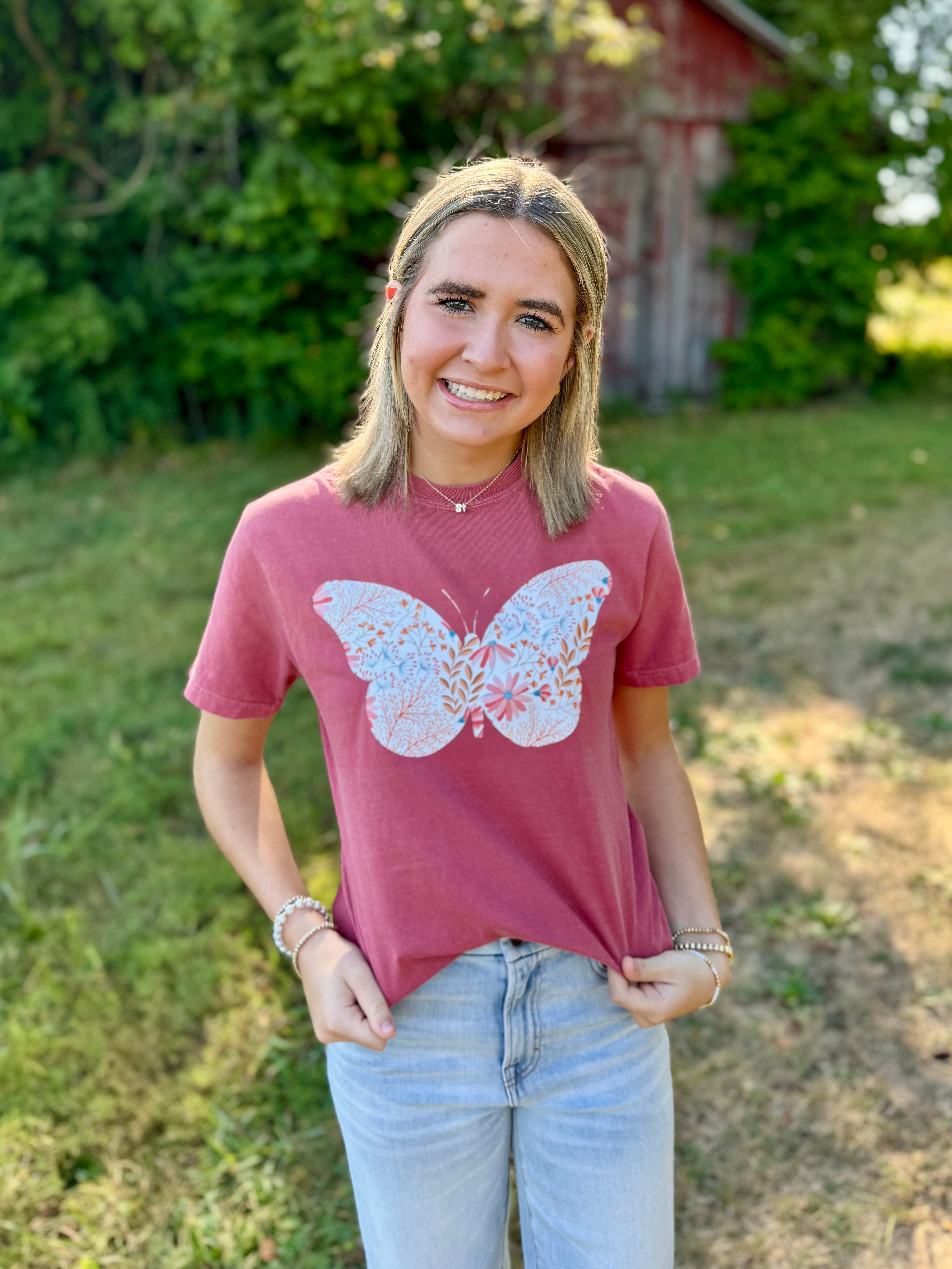 Crimson Comfort Colors Floral Butterfly Graphic Tee