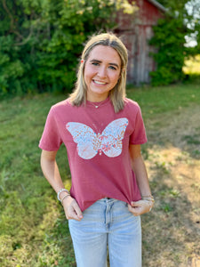 Crimson Comfort Colors Floral Butterfly Graphic Tee