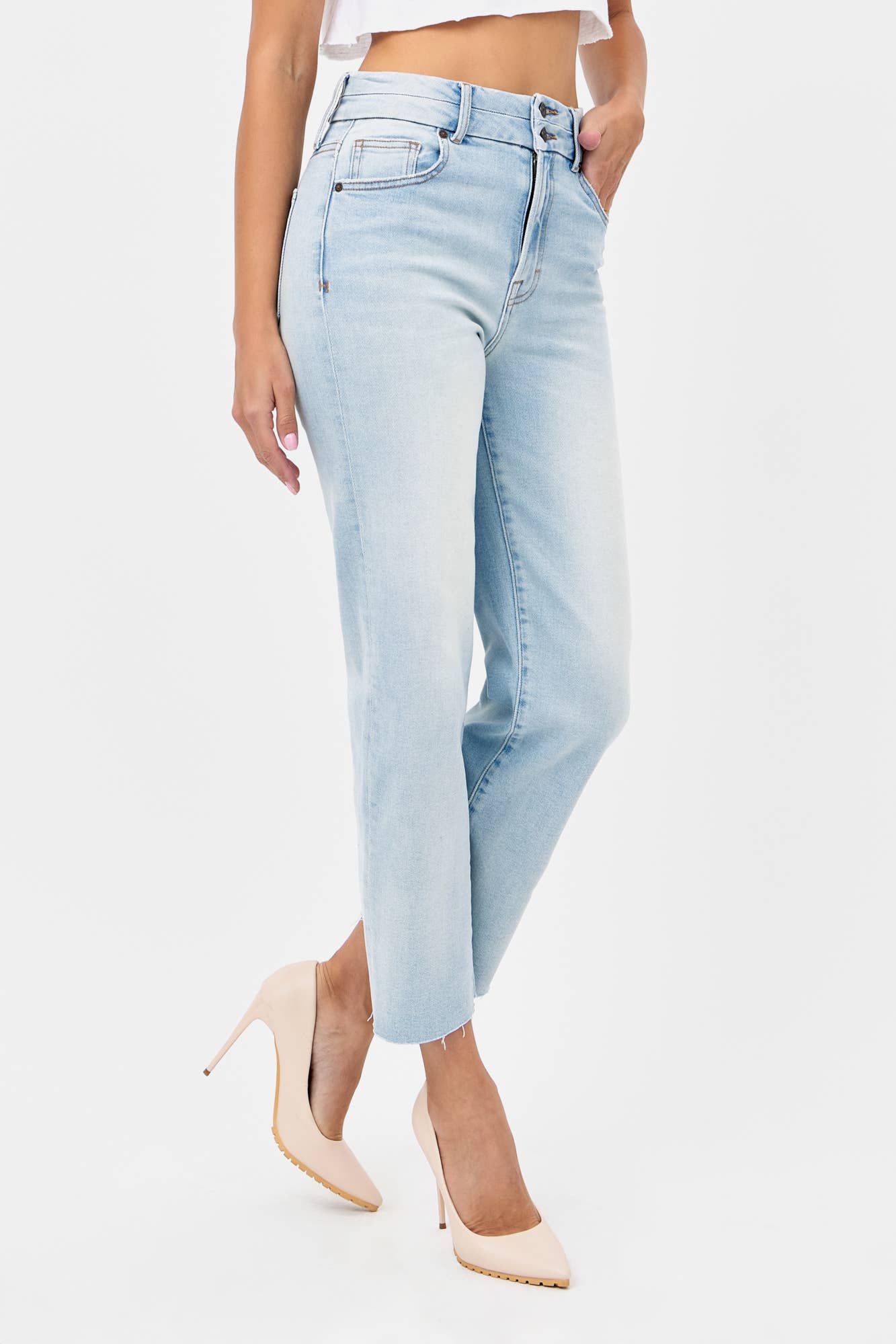 Light Wash Double Waist Band Stretch Wide Straight Hidden Denim