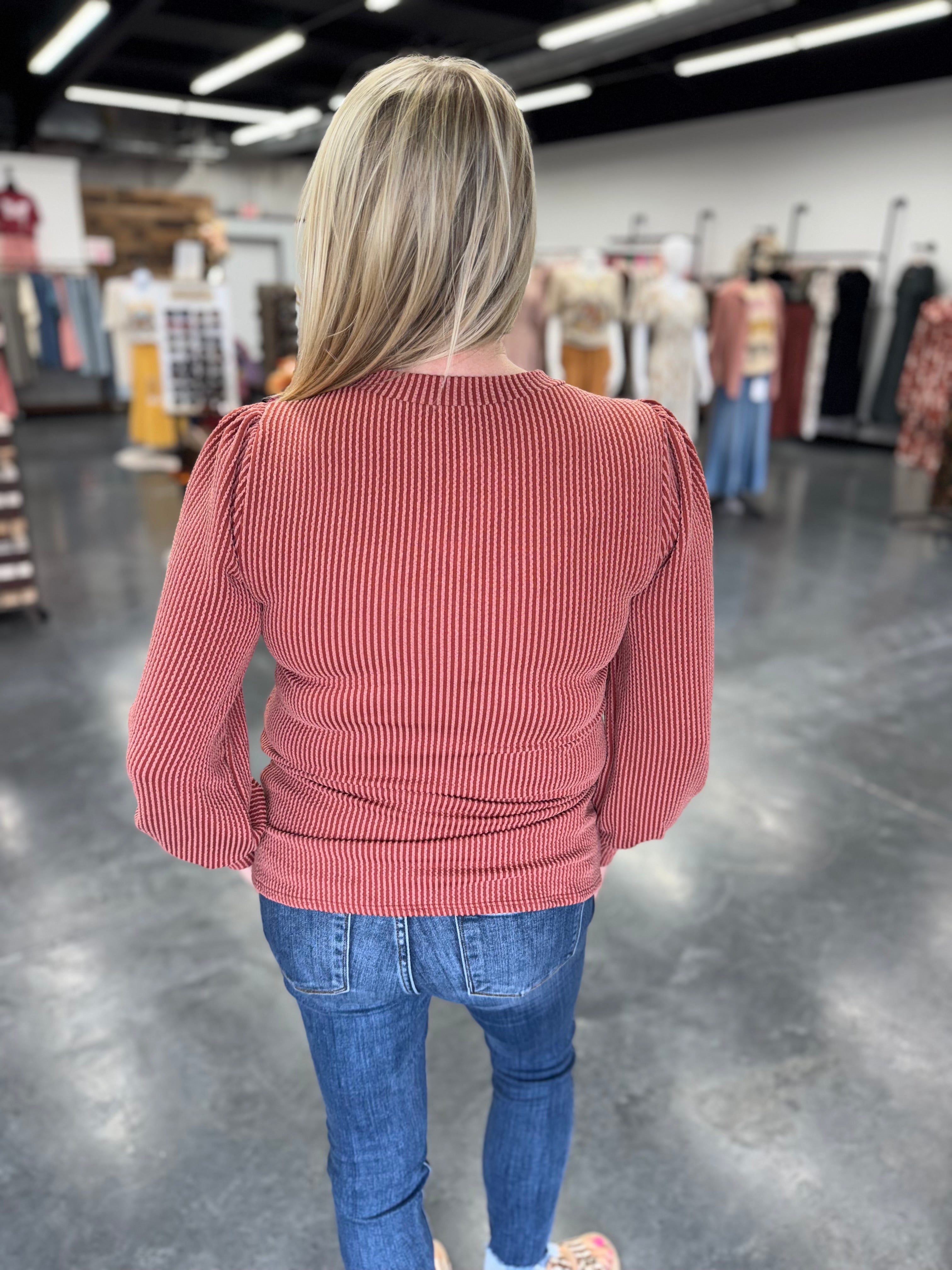 Round Neck Textured Long Sleeve Rib Knit Top
