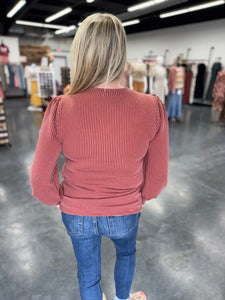 Round Neck Textured Long Sleeve Rib Knit Top