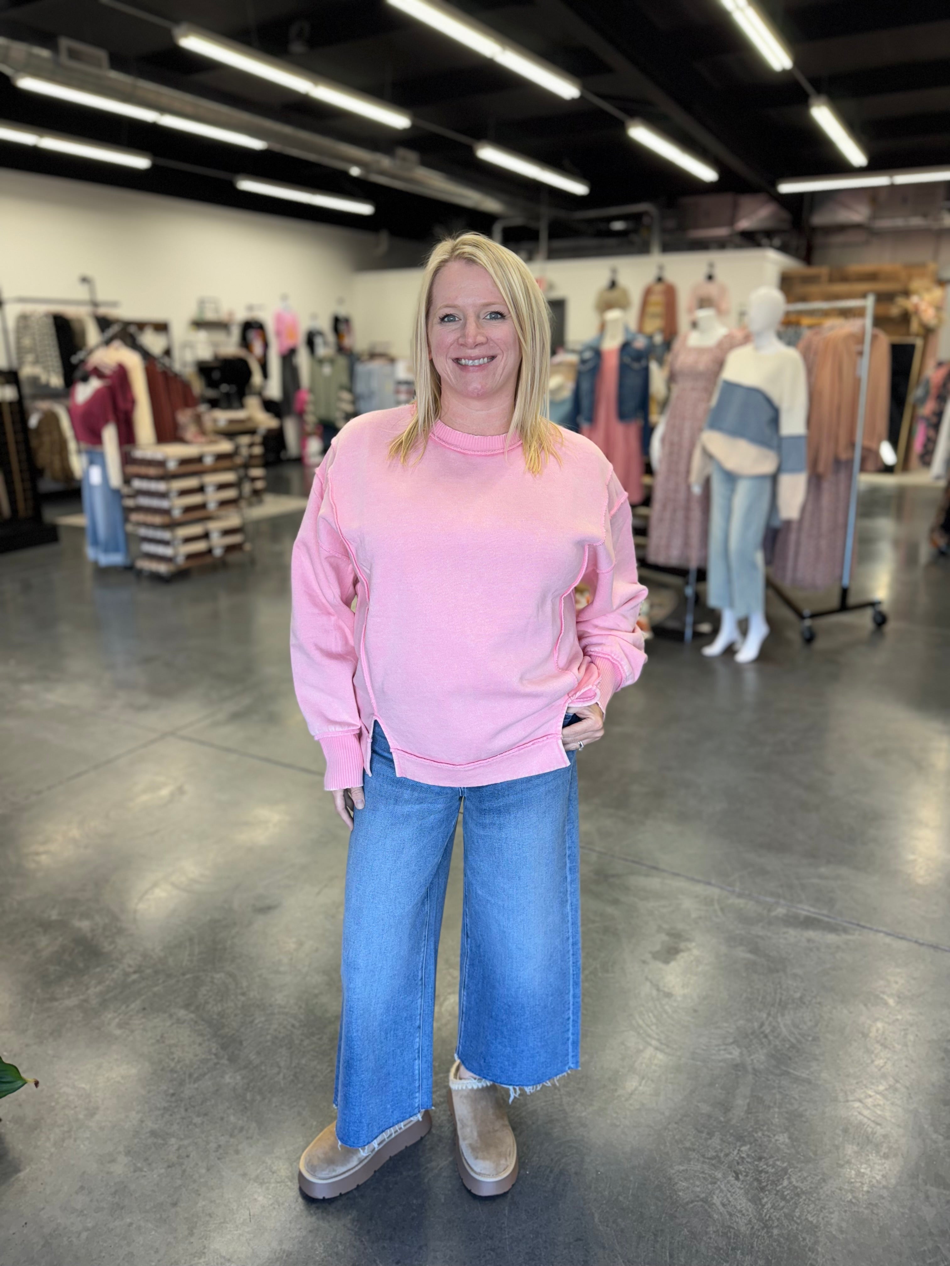 Acid Wash Exposed-Seam Fleece Sweatshirt