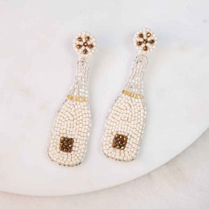 Champagne Bottle Beaded Earrings    Ivory/Gold   3.75"