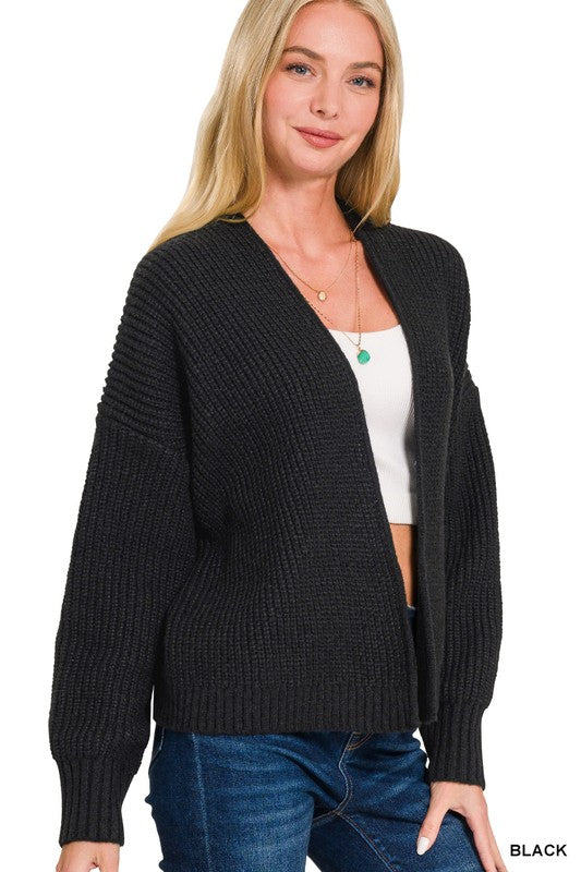 Black Open Front Drop Shoulder Sweater Cardigan