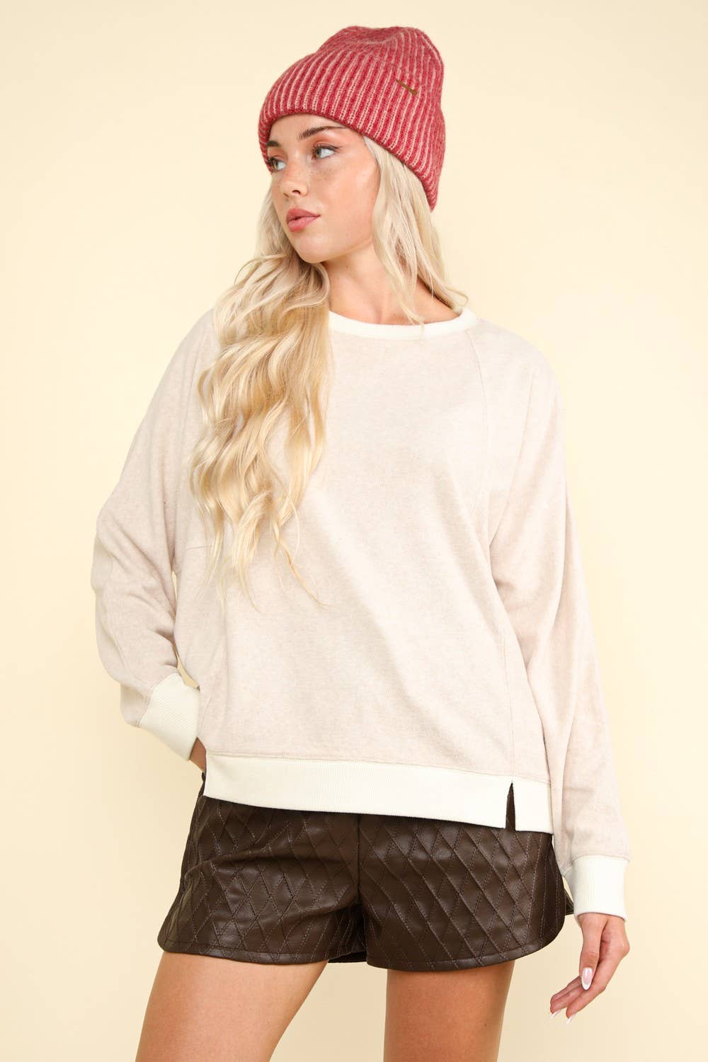 PLUS SIZE Oatmeal Oversized Comfy Soft Contrast Knit Top