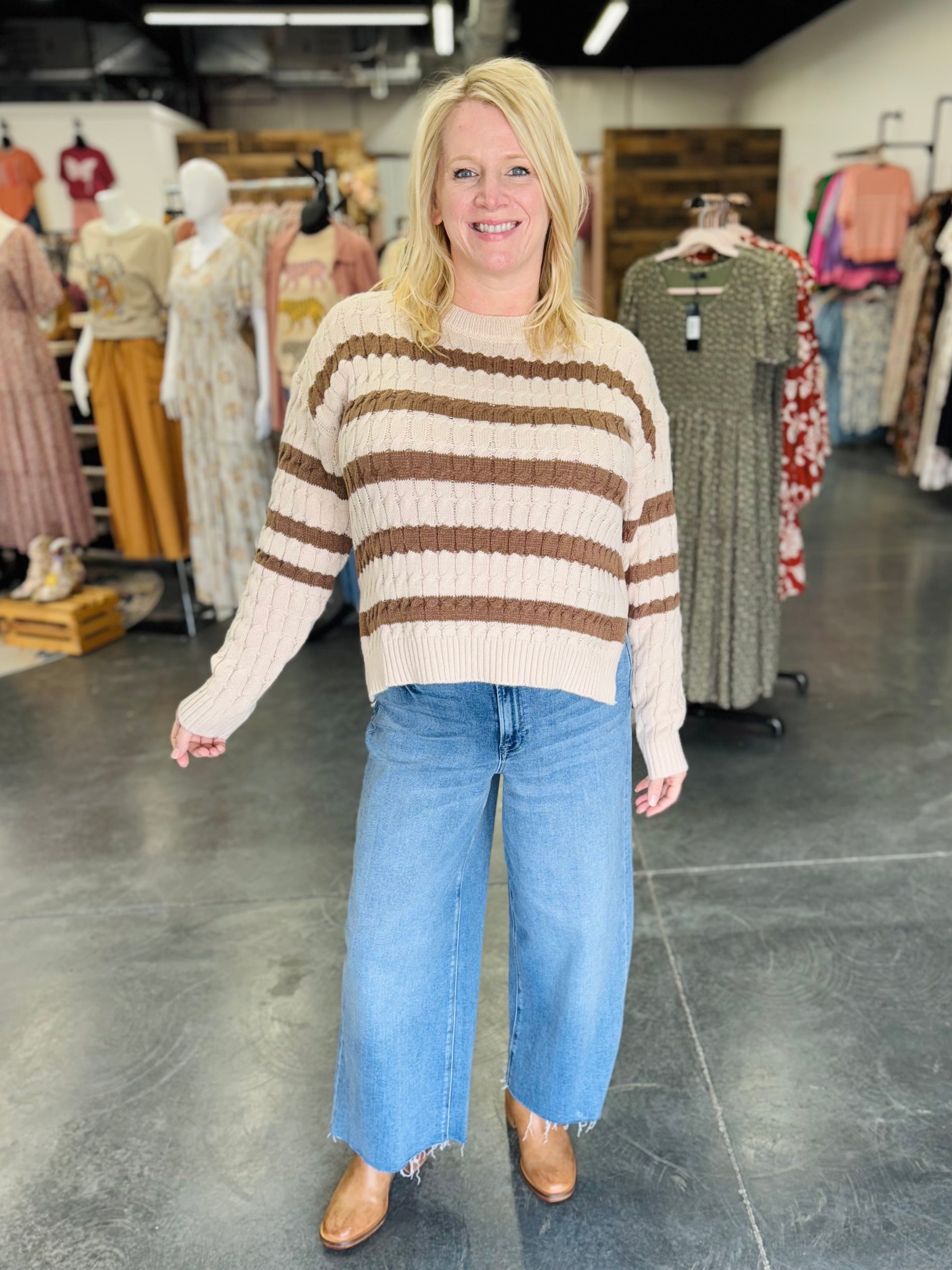 Oatmeal and Mocha Stripe Cable Knit Sweater With Side Slits
