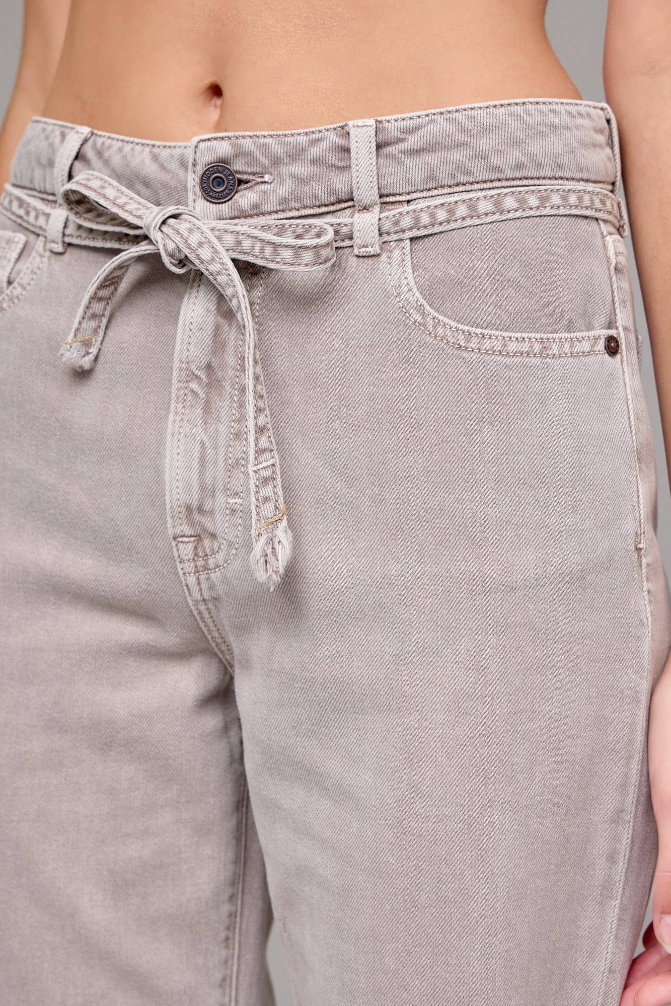 Gravel Wash Tie Waist Clean Wide Straight Leg Hidden Denim