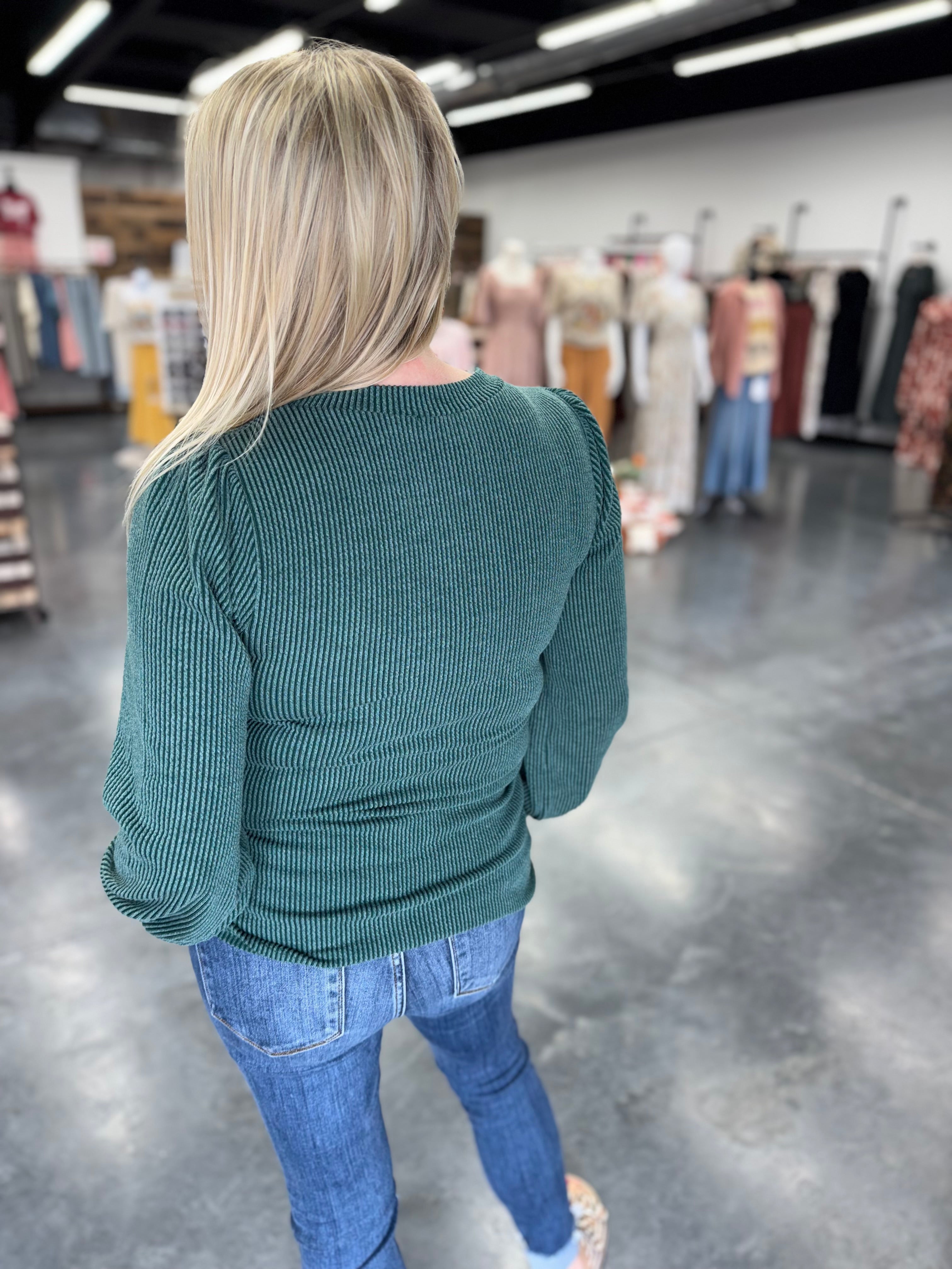 Round Neck Textured Long Sleeve Rib Knit Top