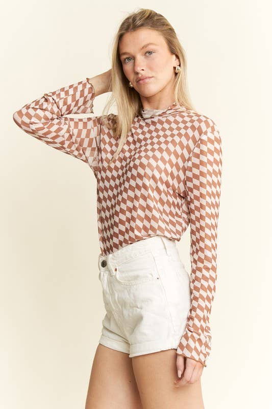 CHECKERED MESH MOCK NECK TOP