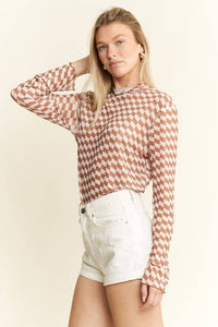 CHECKERED MESH MOCK NECK TOP