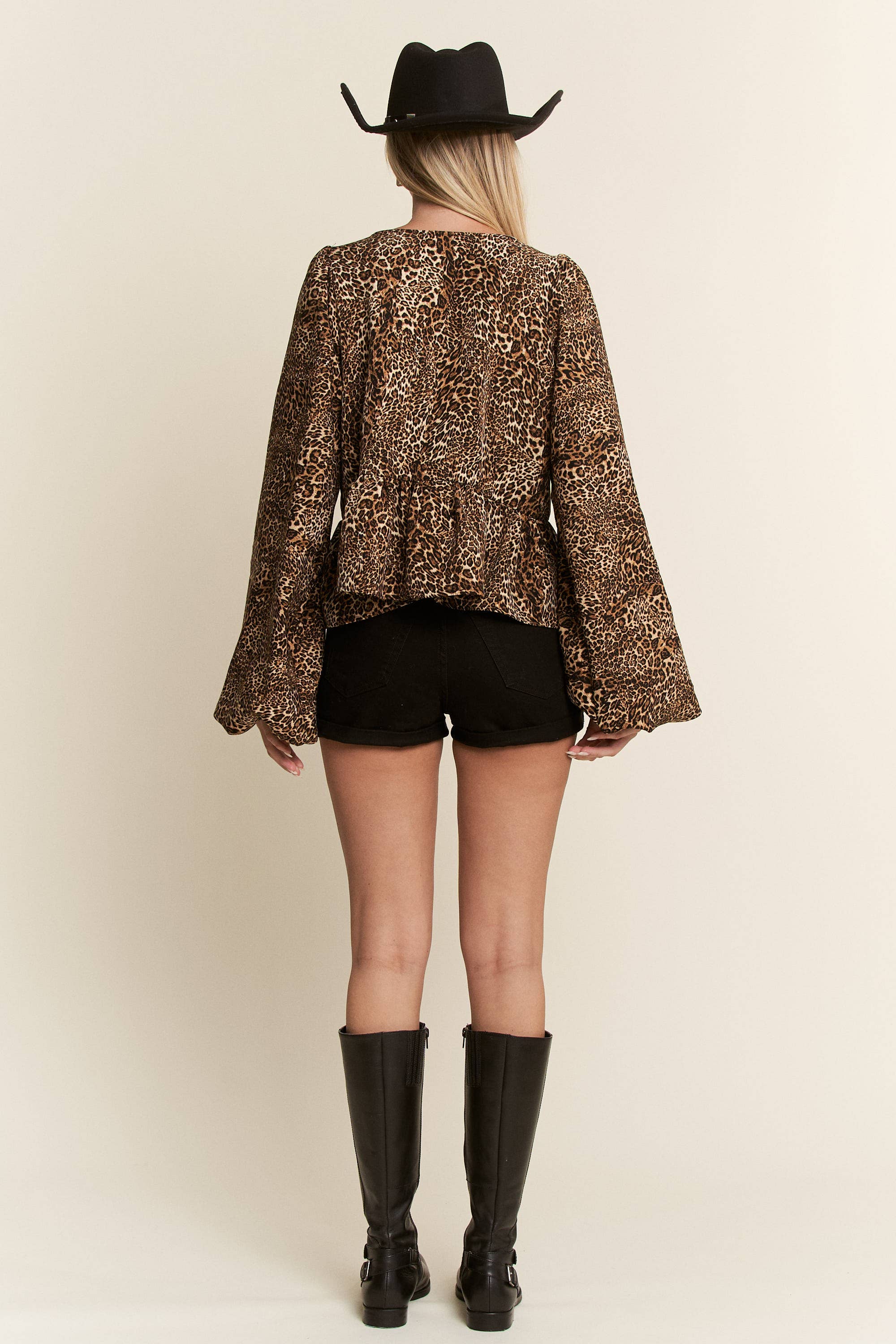 LEOPARD PRINT PUFF SLEEVE BOW FRONT TOP
