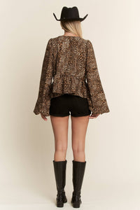 LEOPARD PRINT PUFF SLEEVE BOW FRONT TOP