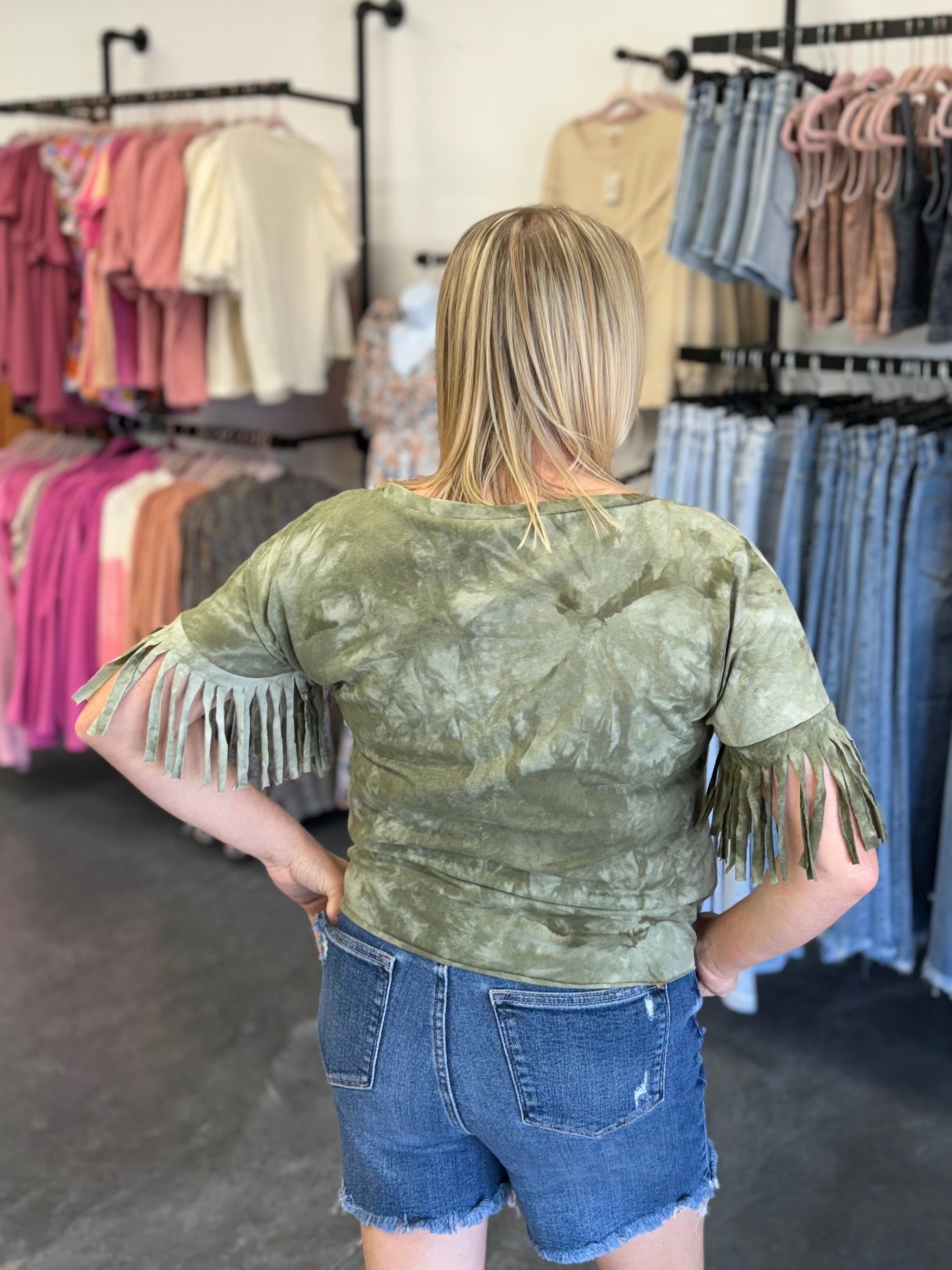 Olive Tie Dye Fringe Short Sleeve Casual Top