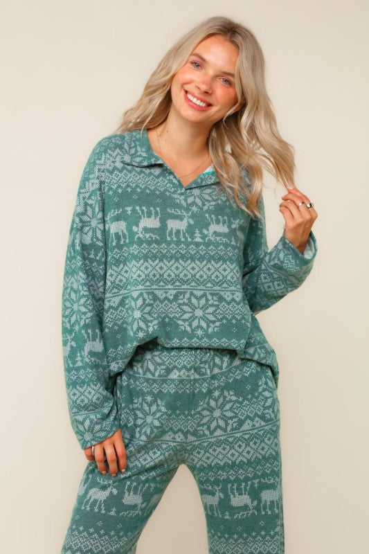 Hunter Green Reindeer and Snowflakes Lounge Set