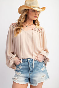 Embroidered Tie Neck Top