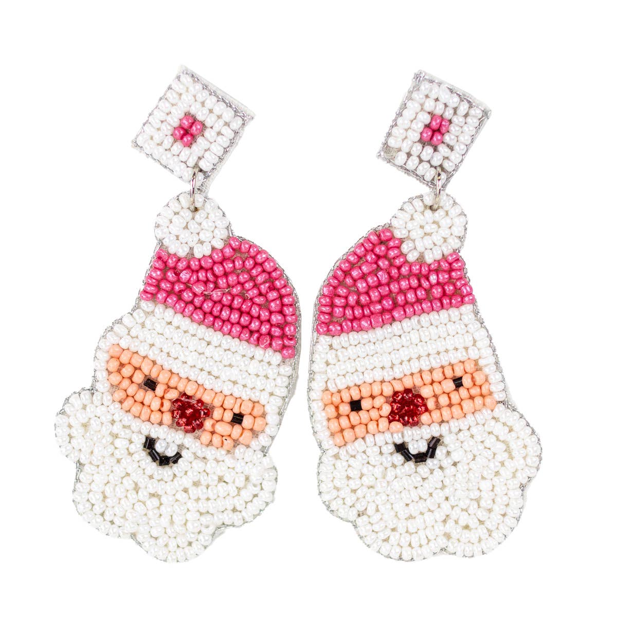 Santa Beaded Earrings   Pink/White   2.75"