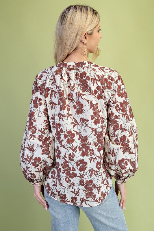 Floral Button Down V-Neck Blouse