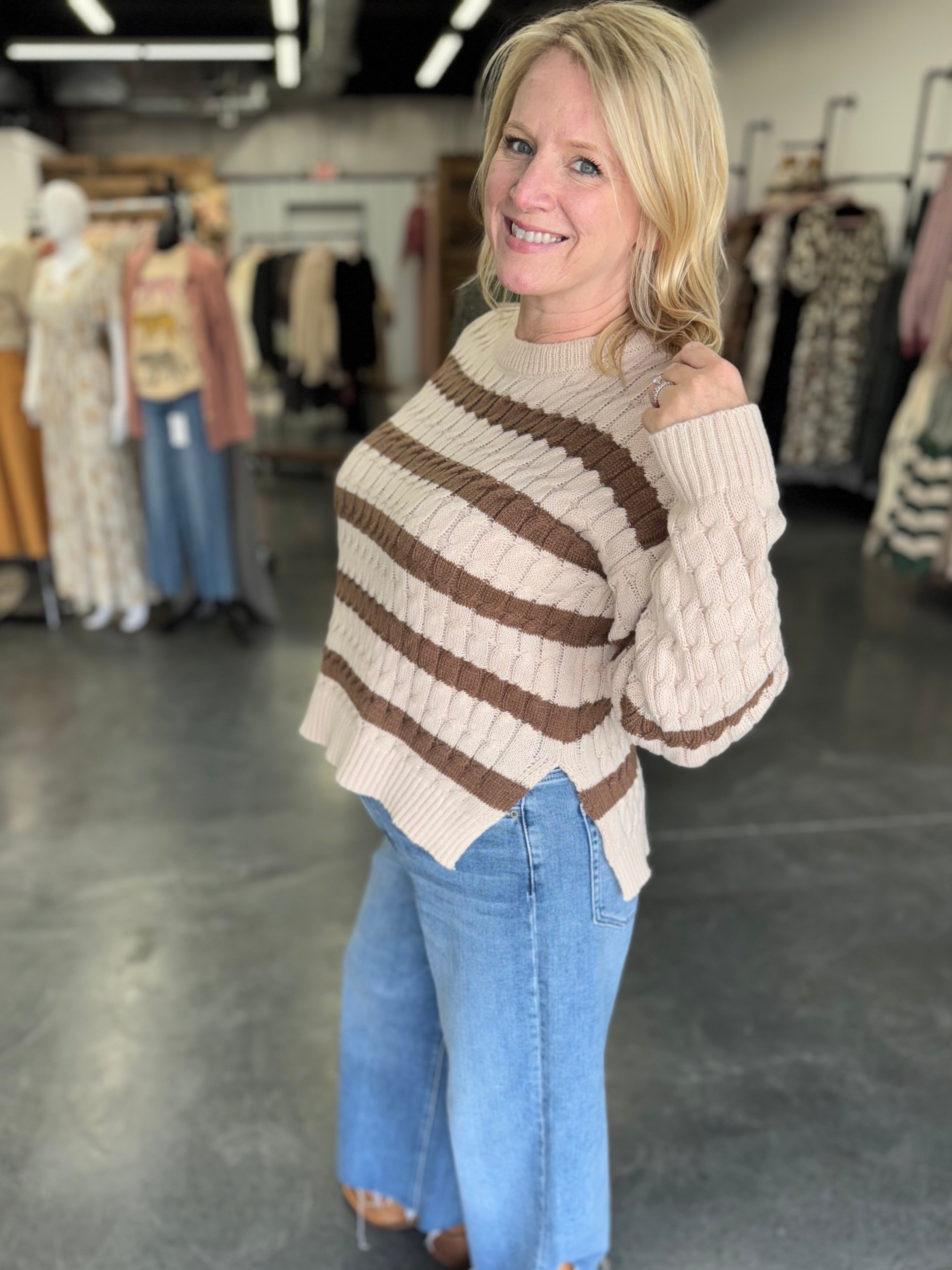 Oatmeal and Mocha Stripe Cable Knit Sweater With Side Slits