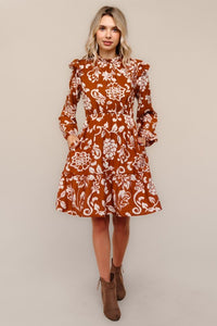 Fall Floral Tiered Mock Neck Midi Dress ￼