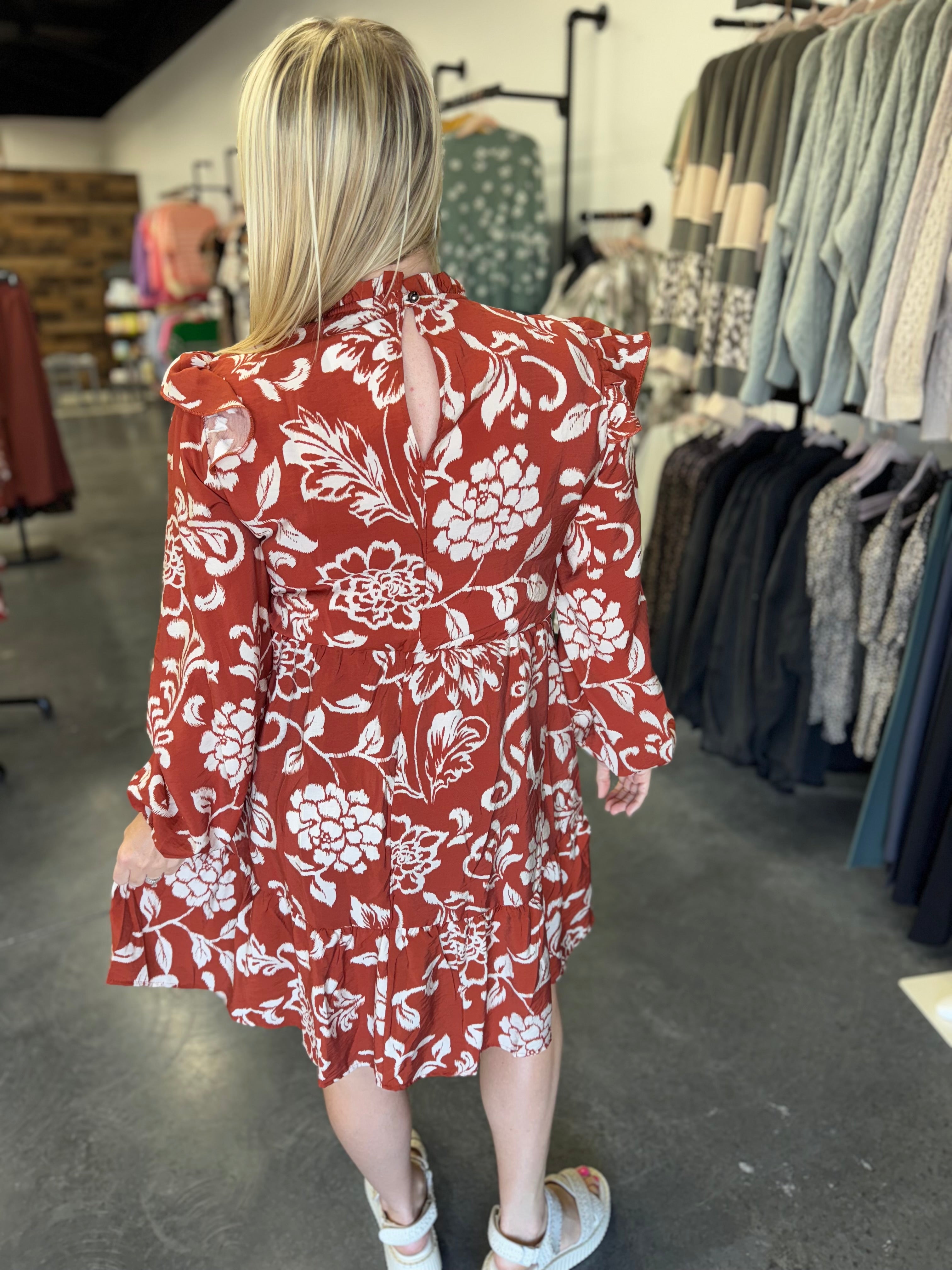 Fall Floral Tiered Mock Neck Midi Dress ￼