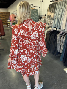 Fall Floral Tiered Mock Neck Midi Dress ￼