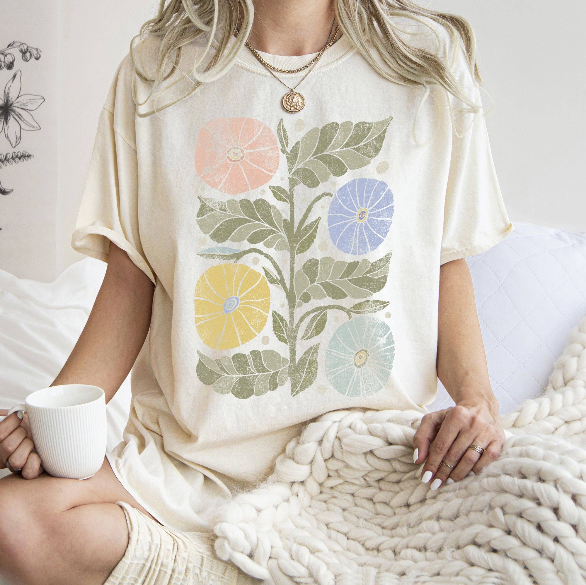 Ivory Comfort Colors Boho Folk Art Chic Flower Graphic Tee