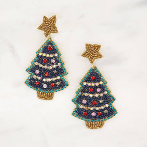 Christmas Tree Beaded Earrings   Green/Gold   3.5"