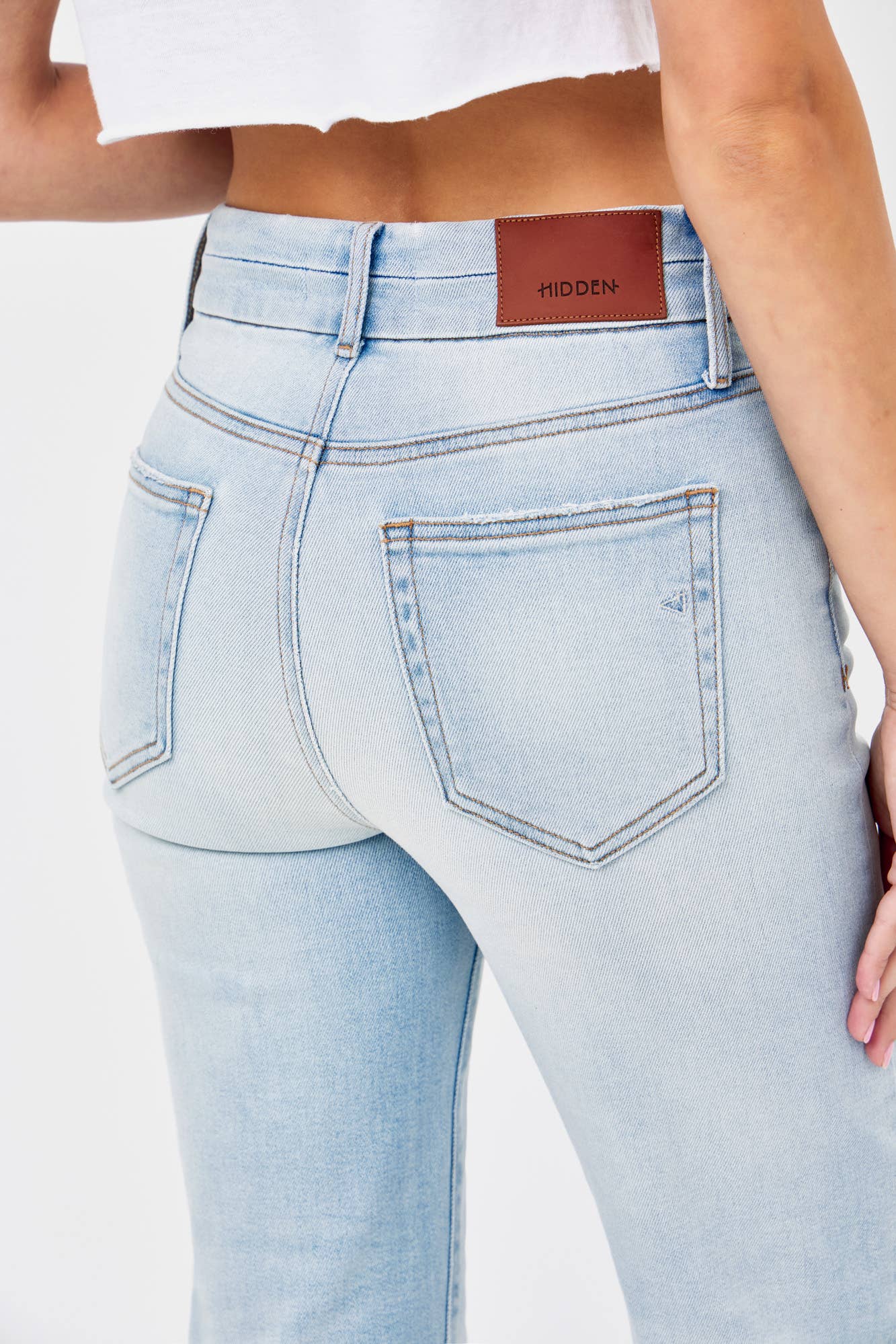 Light Wash Double Waist Band Stretch Wide Straight Hidden Denim