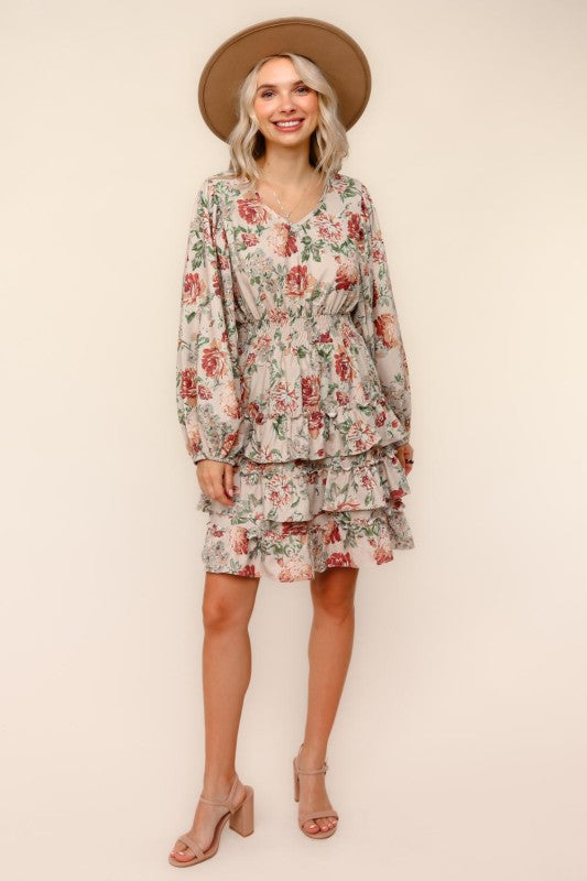 Floral Taupe Tiered Dress