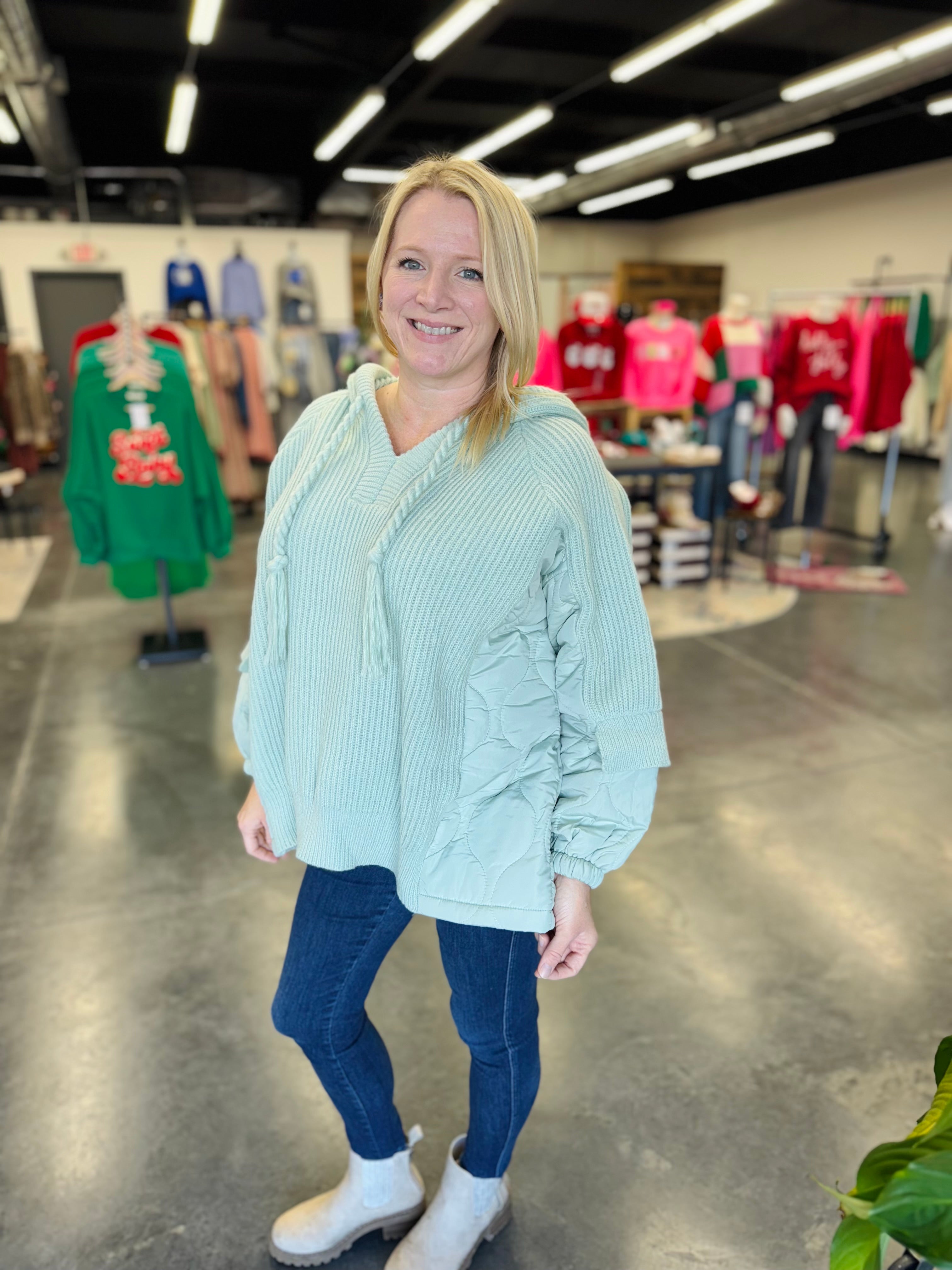 Mint Crochet Puffer Pullover