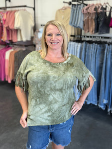 Olive Tie Dye Fringe Short Sleeve Casual Top