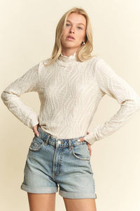 Cream Long Sleeve Mock Neck Wave Jacquard Top