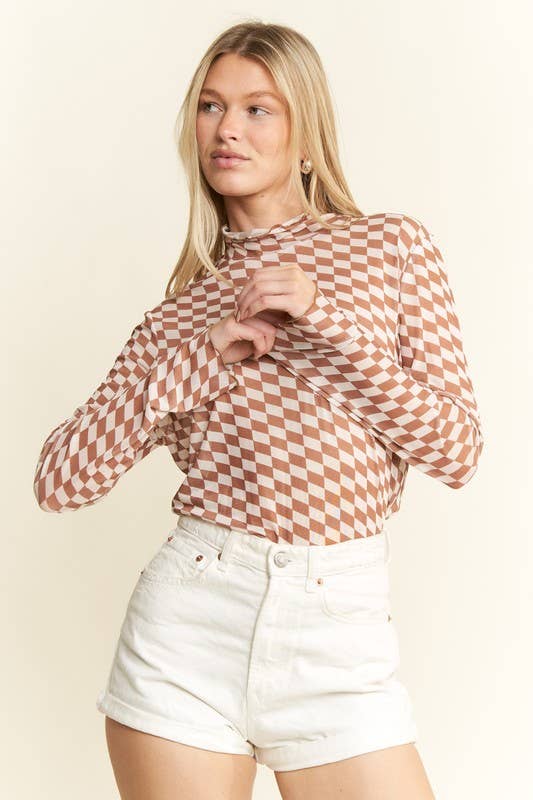 CHECKERED MESH MOCK NECK TOP