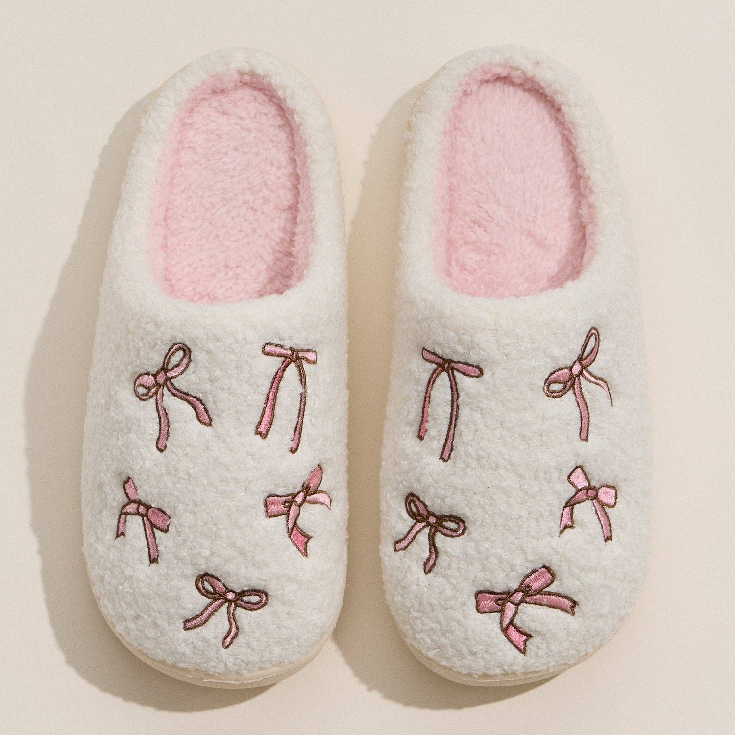 Embroidered Plush Slippers with Soft Bow Detail